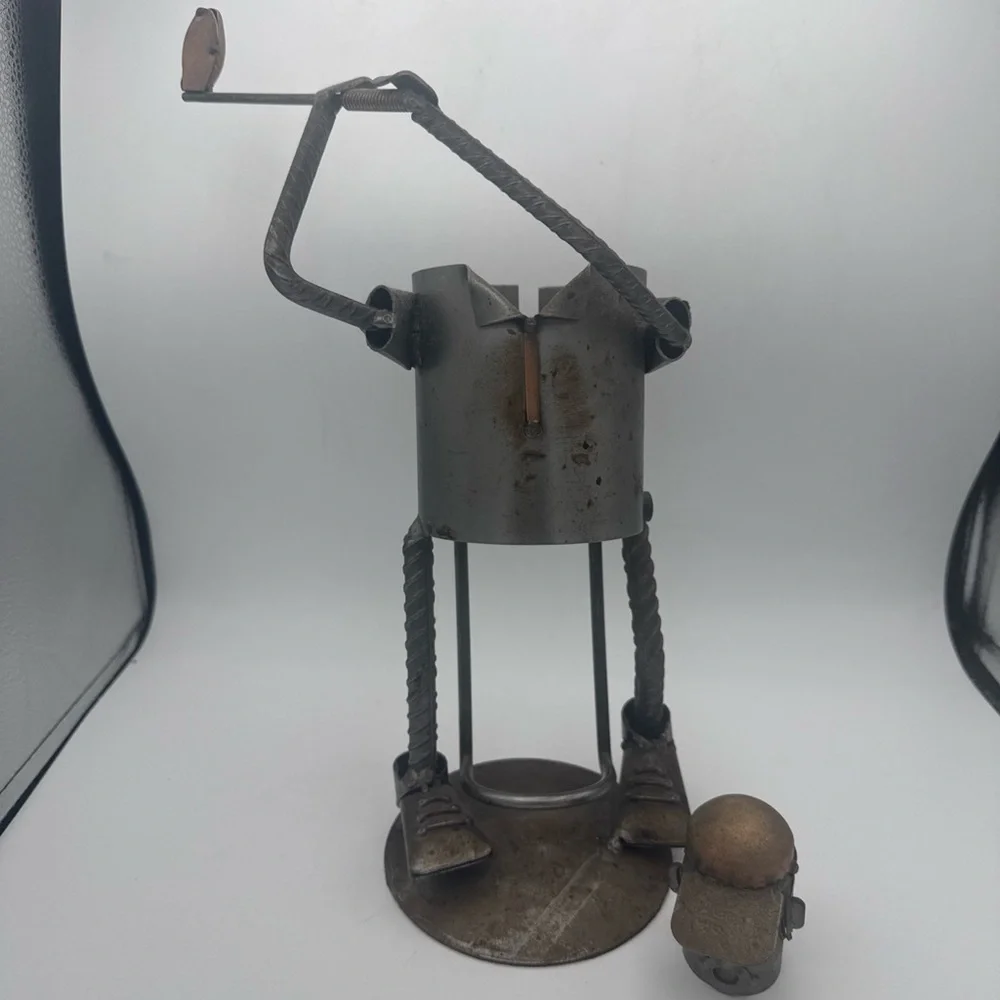 VTG H & K Metal Golfer Golf Wine Liquor Bottle Holder Steel/ Copper brutalist